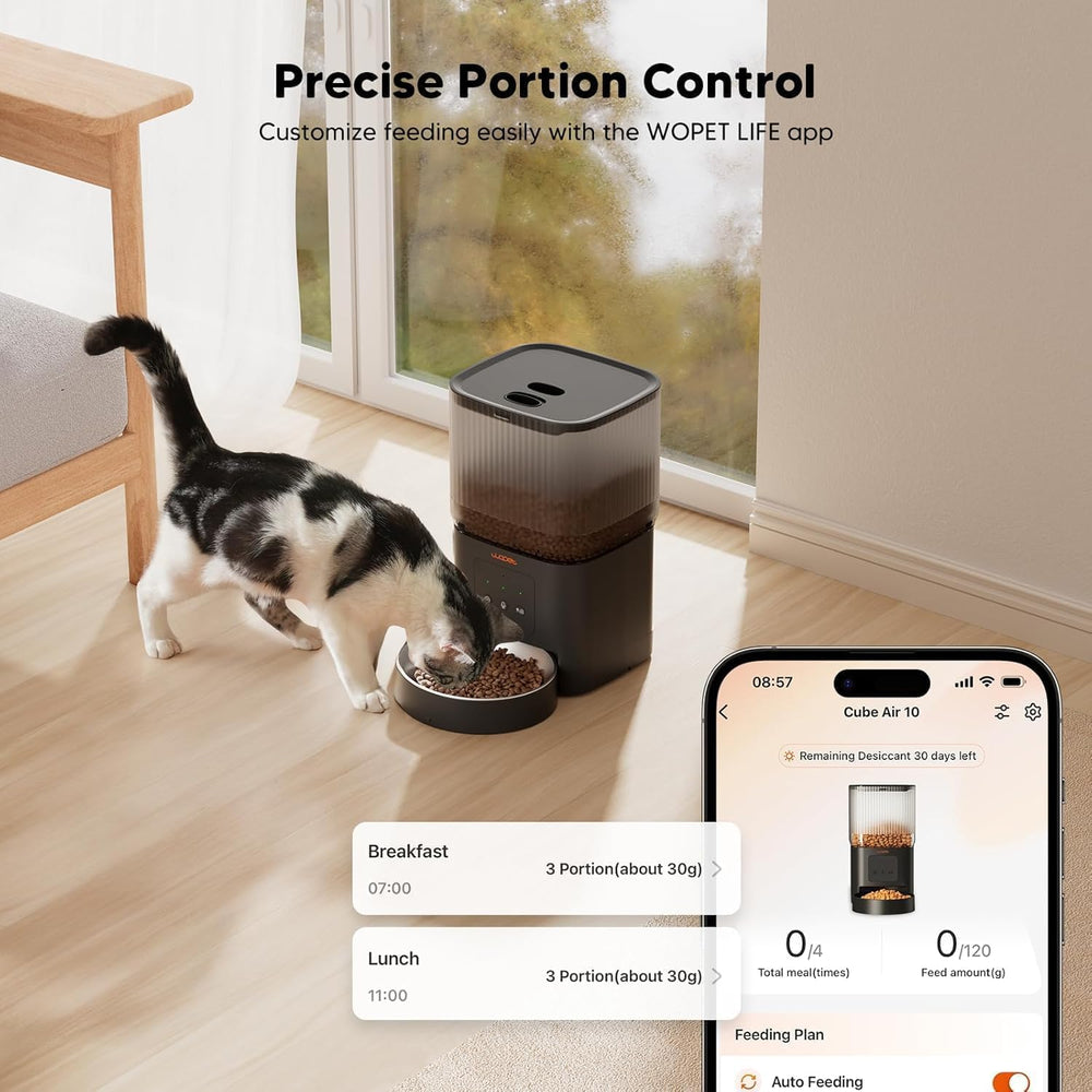 WOPET voice recorder setup captures personalized feeding messages for pets.