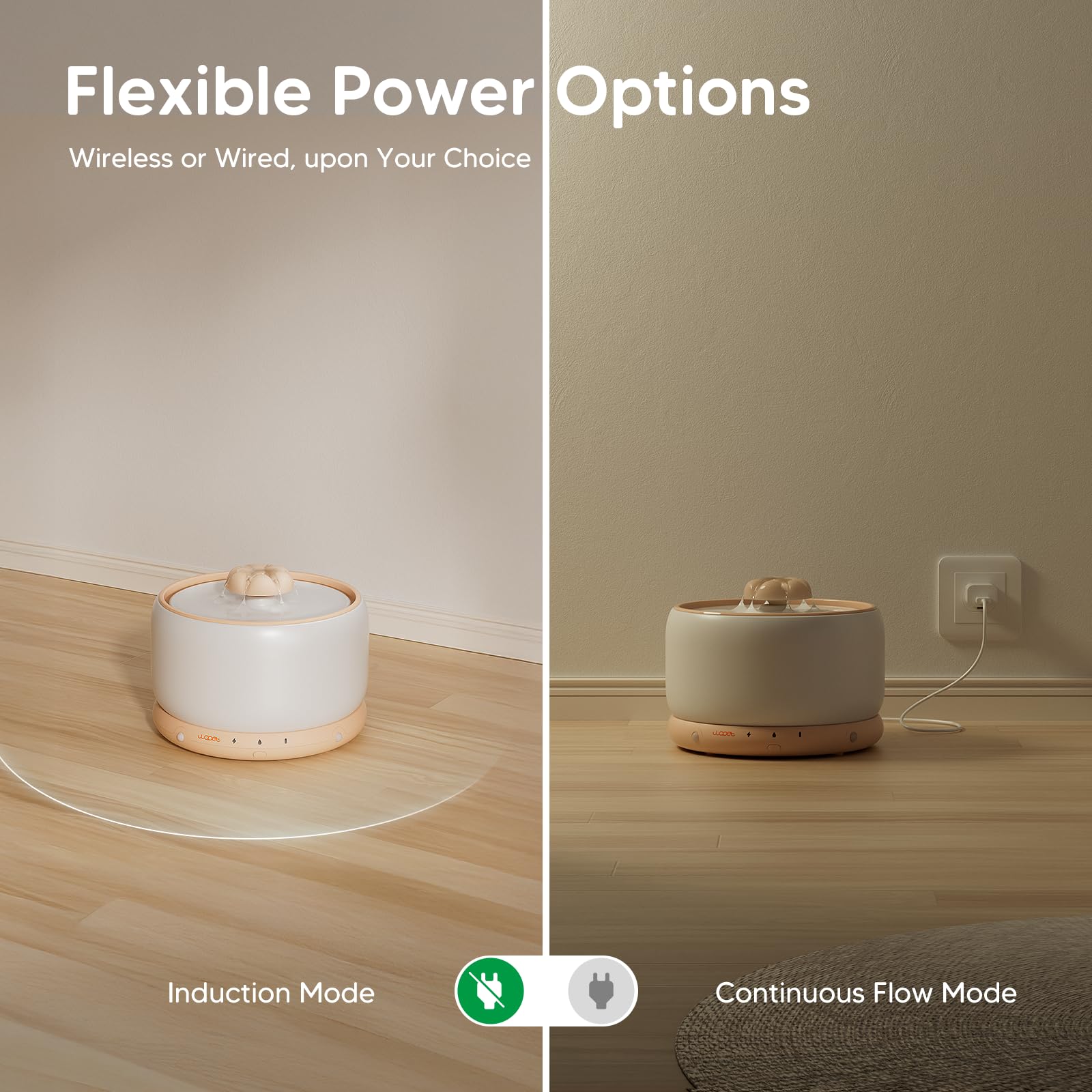 WOPET wireless cat fountain battery compartment reveals 5000mAh power for cordless convenience.