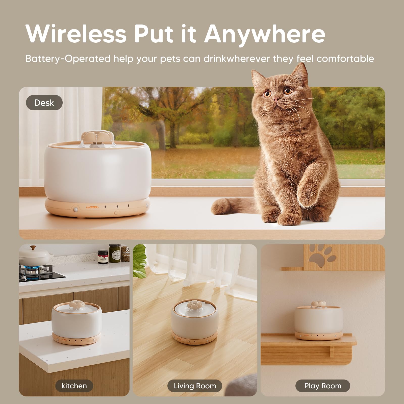 WOPET wireless cat fountain ceramic gloss highlights hygienic, non-porous surface for easy cleaning.