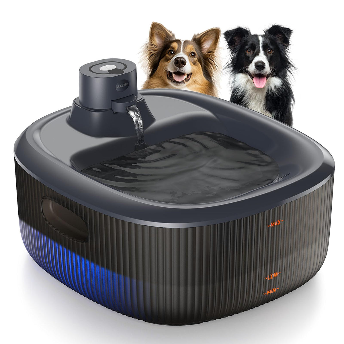 WOPET wireless dog fountain front view demonstrates easy-access hydration.