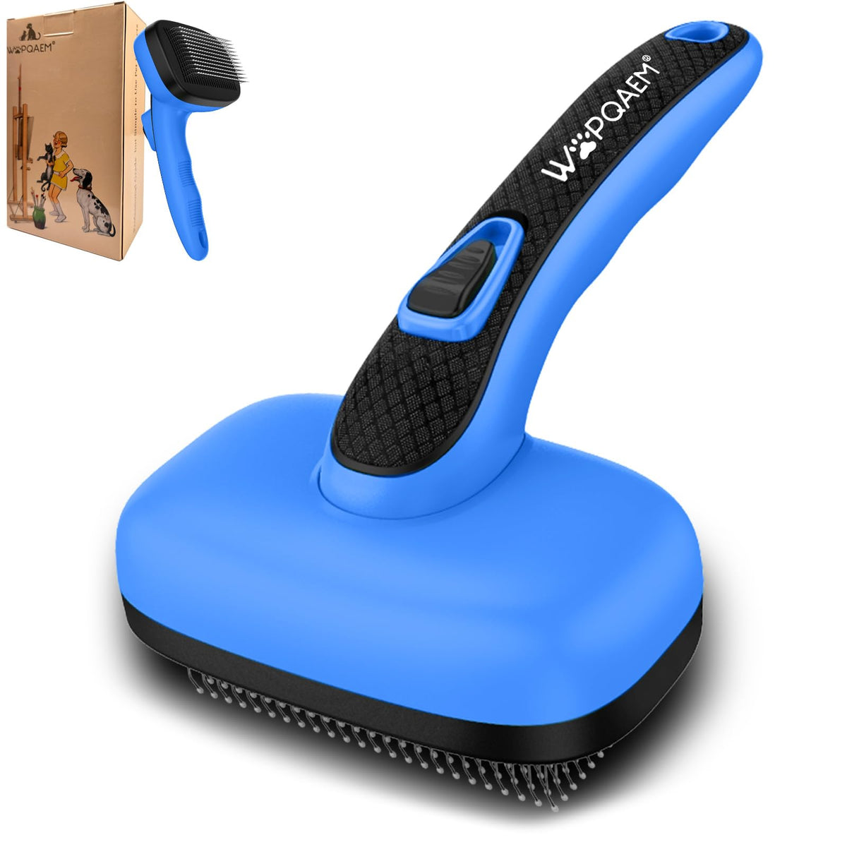 WOPQAEM self-cleaning slicker brush open action showcases easy grooming and shedding cleanup