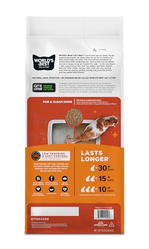 World's Best Cat Litter larger granules reduce dust and tracking for a cleaner box.