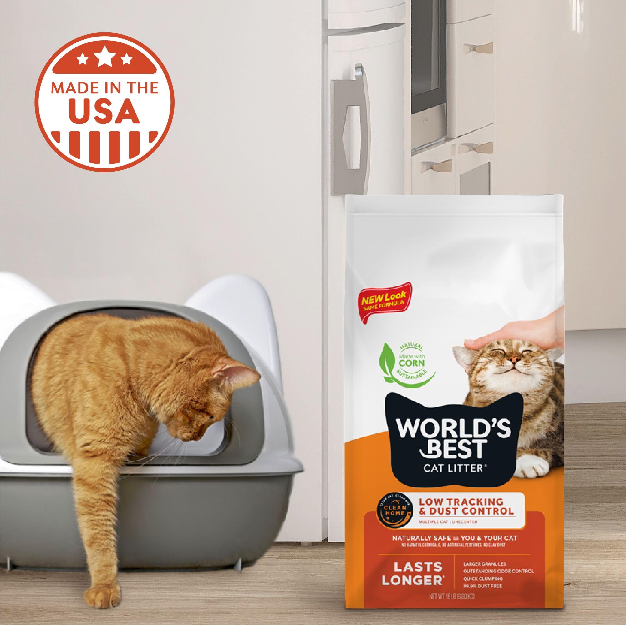 World's Best Cat Litter flushable packaging emphasizes septic-safe disposal.
