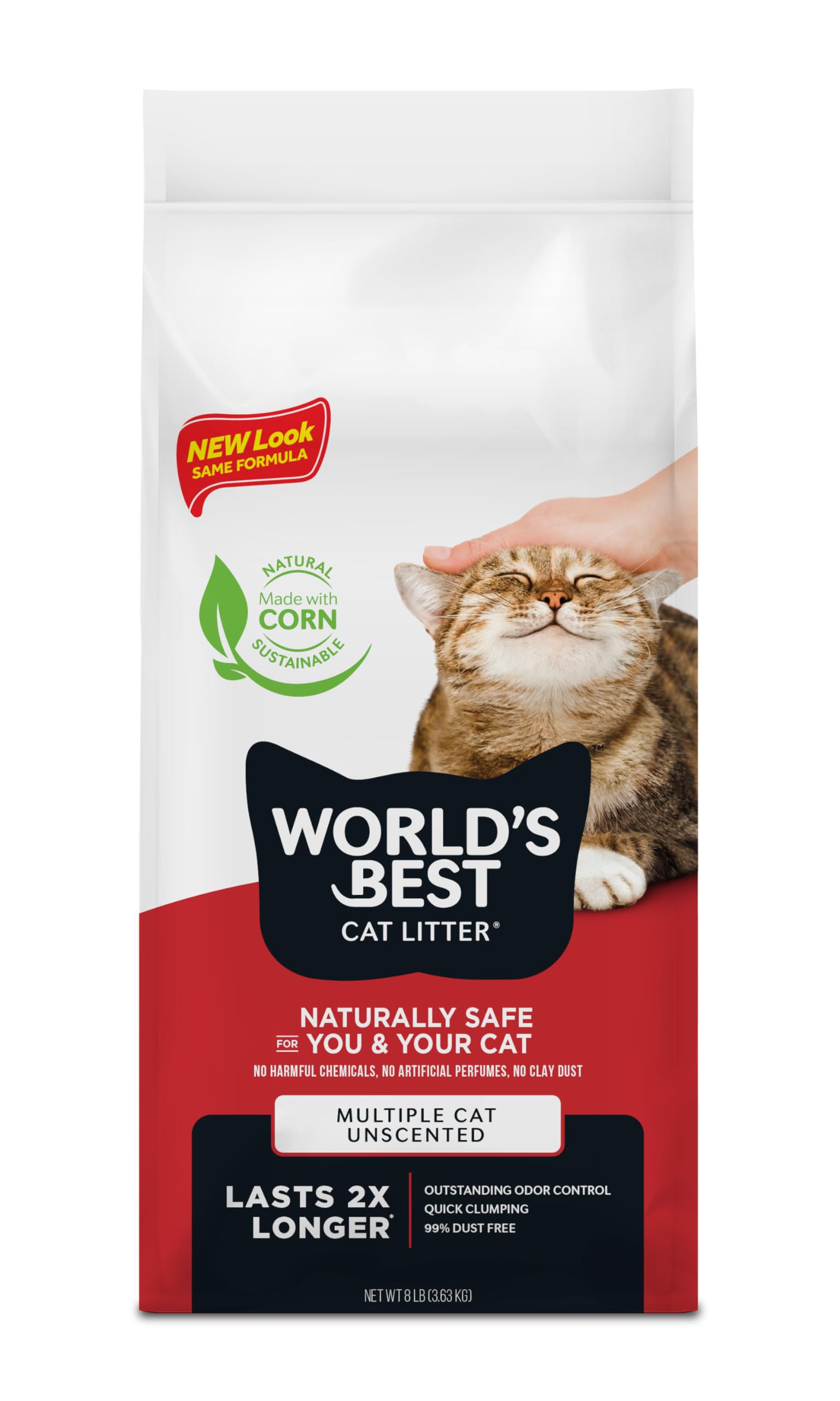 World's Best Cat Litter unscented 8lb bag highlights quick clumping for easy scooping.
