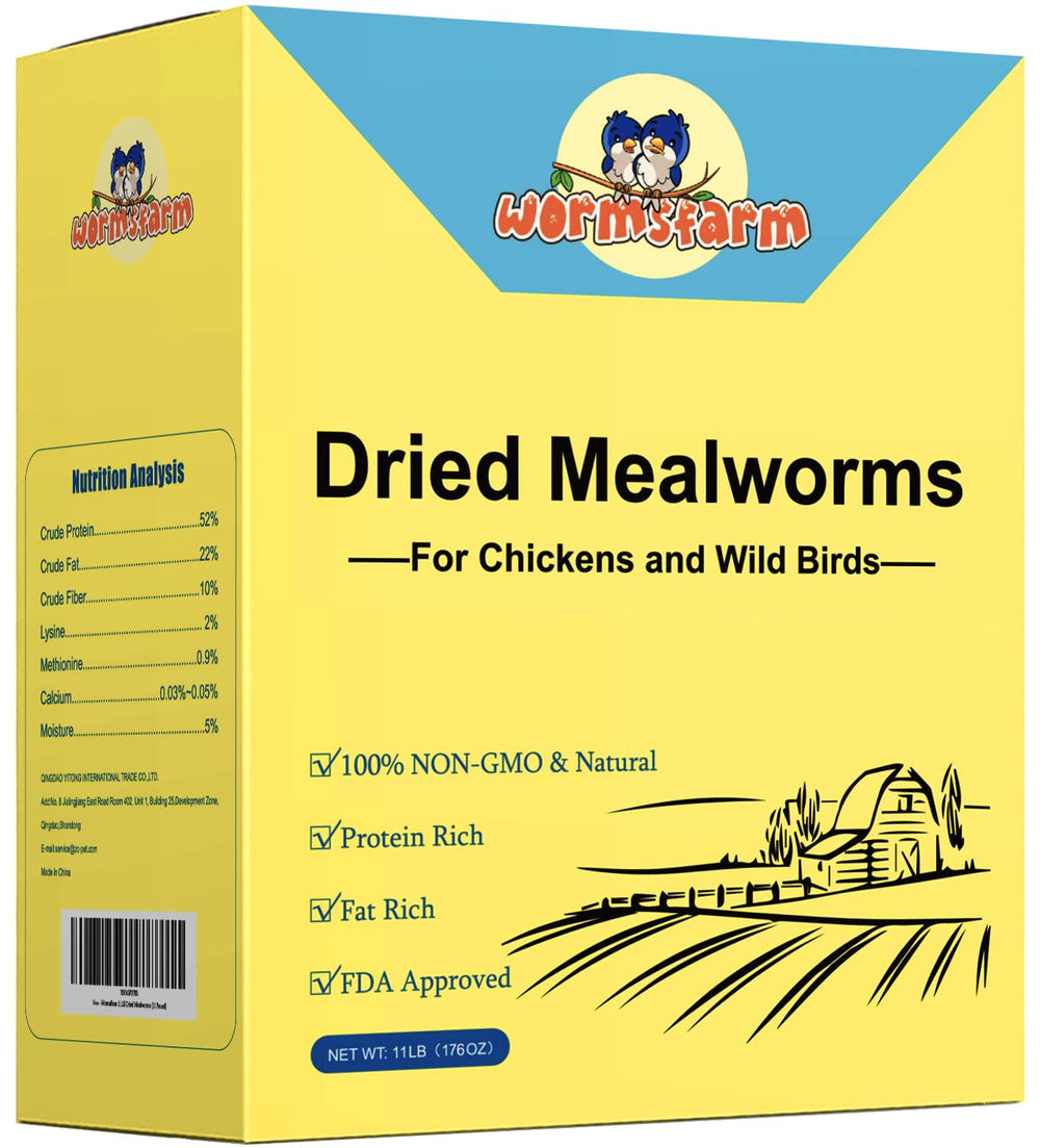 WormsFarm 11lb dried mealworms in bulk packaging for storage and feeding.