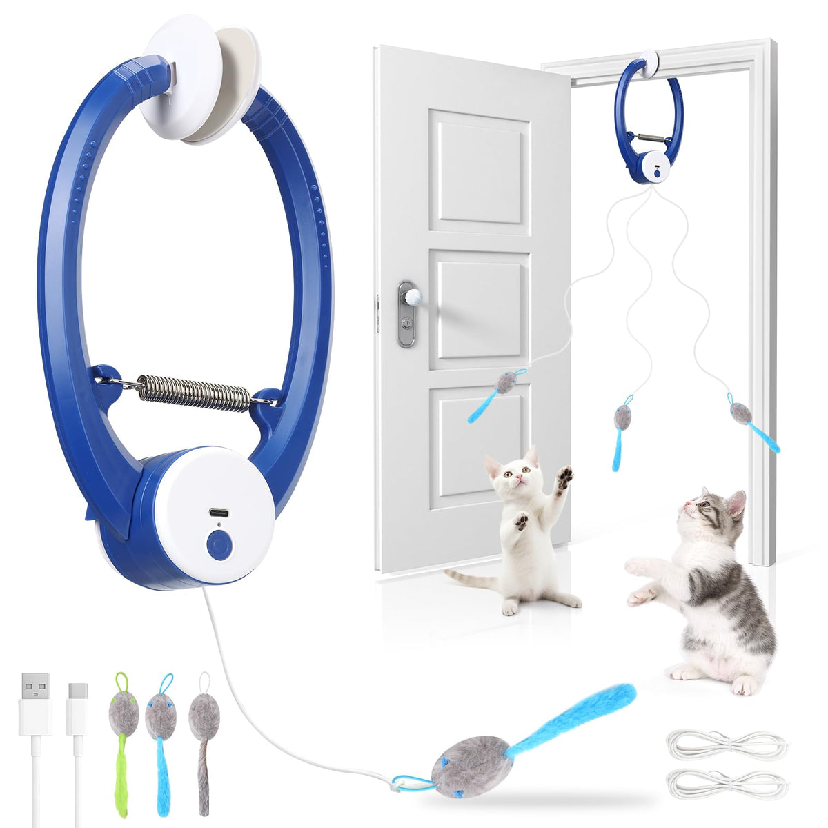 Wortade Interactive Cat Toy hanging from a doorframe delivers engaging motion for indoor cats