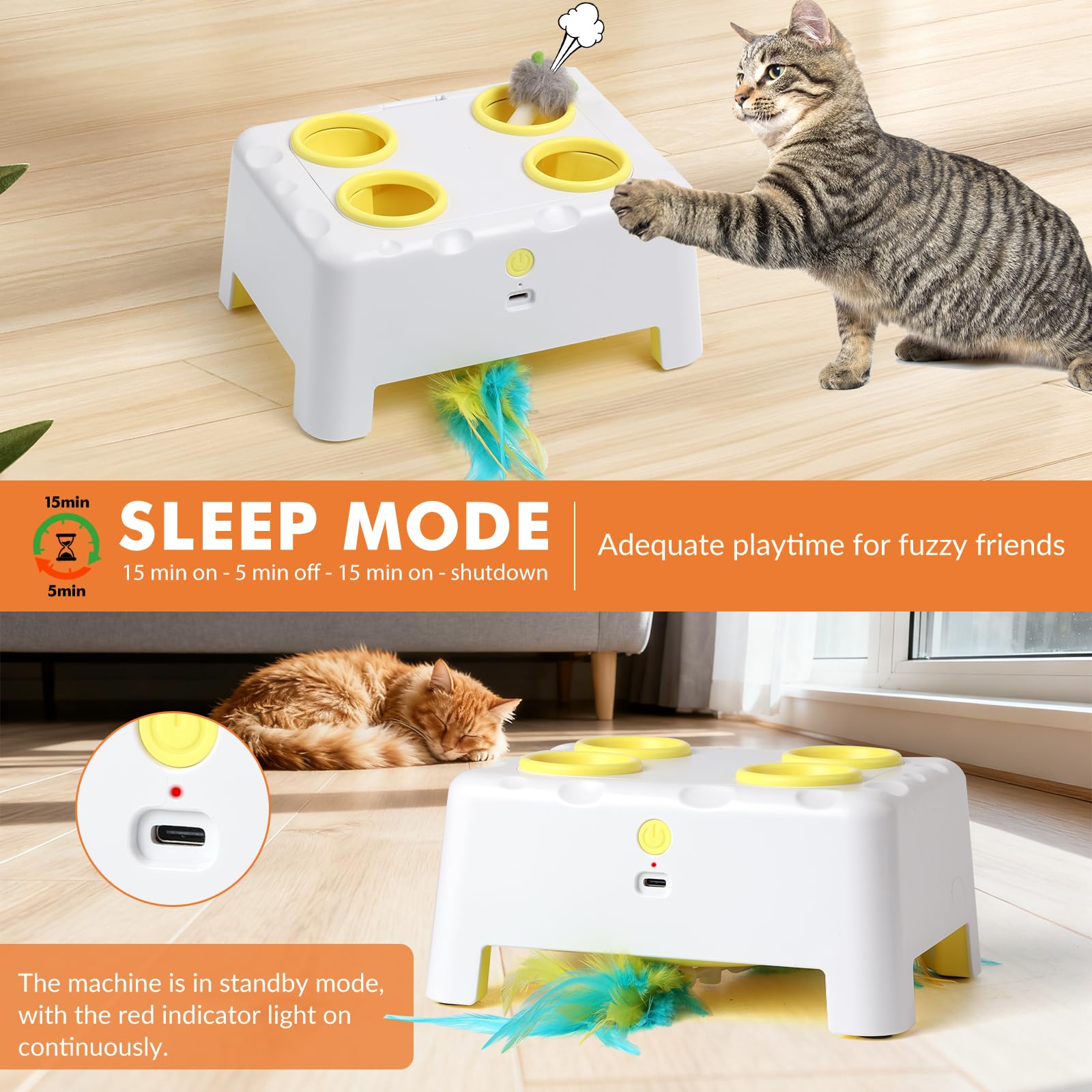 Wortade interactive cat toy rotating feather side view highlights exercise