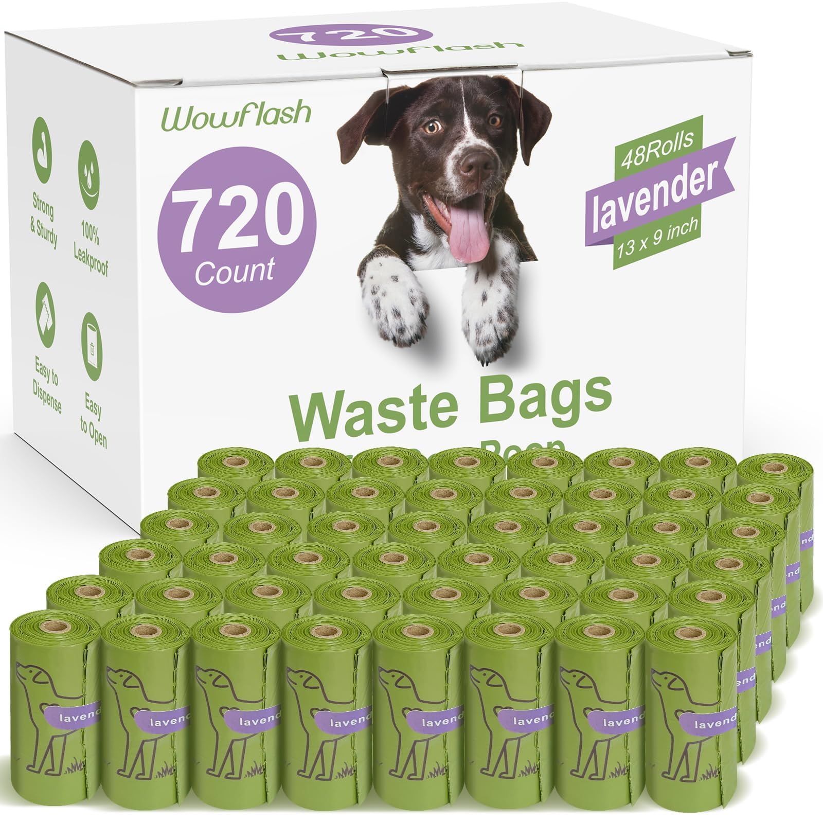 Wowflash lavender scented poop bags rolls for easy, odor-controlled pet cleanup on walks.