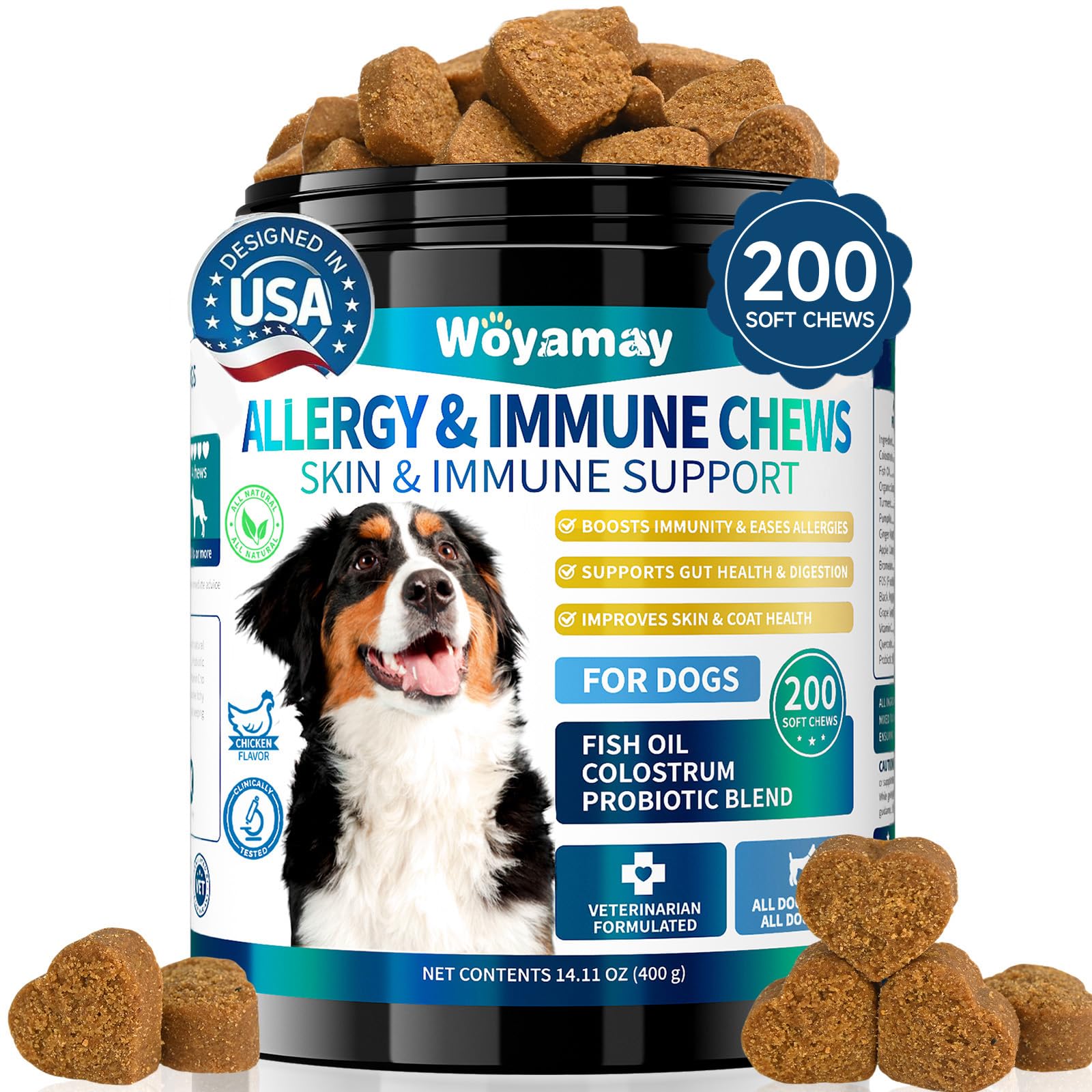Woyamay 200 dog allergy chews bottle—convenient daily itch relief option.