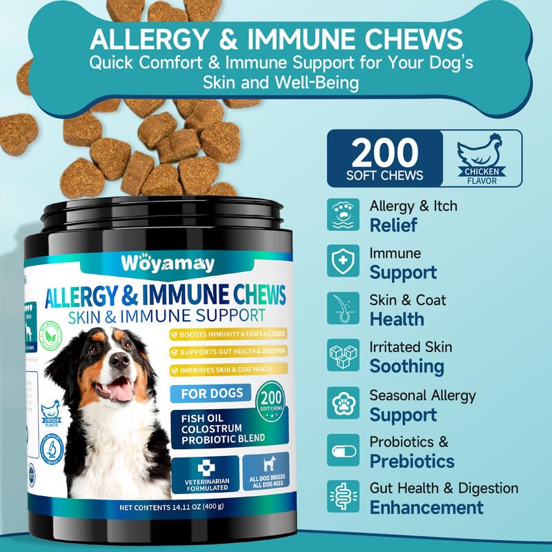 Woyamay 200 dog allergy chews chicken-treat—palatable support for itching skin comfort.