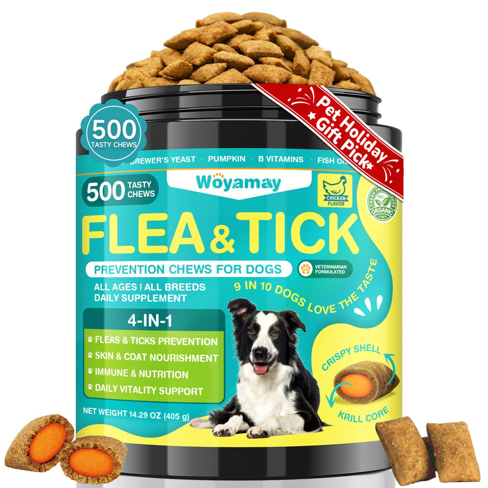 Woyamay 4-in-1 flea-tick chews bottle showing daily protection for dogs.