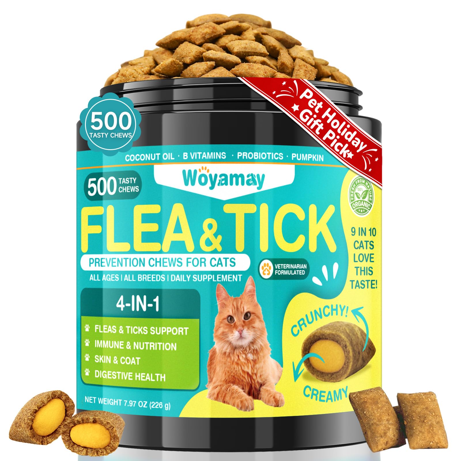 Woyamay 4in1 flea-tick chews packaging for daily pet wellness.