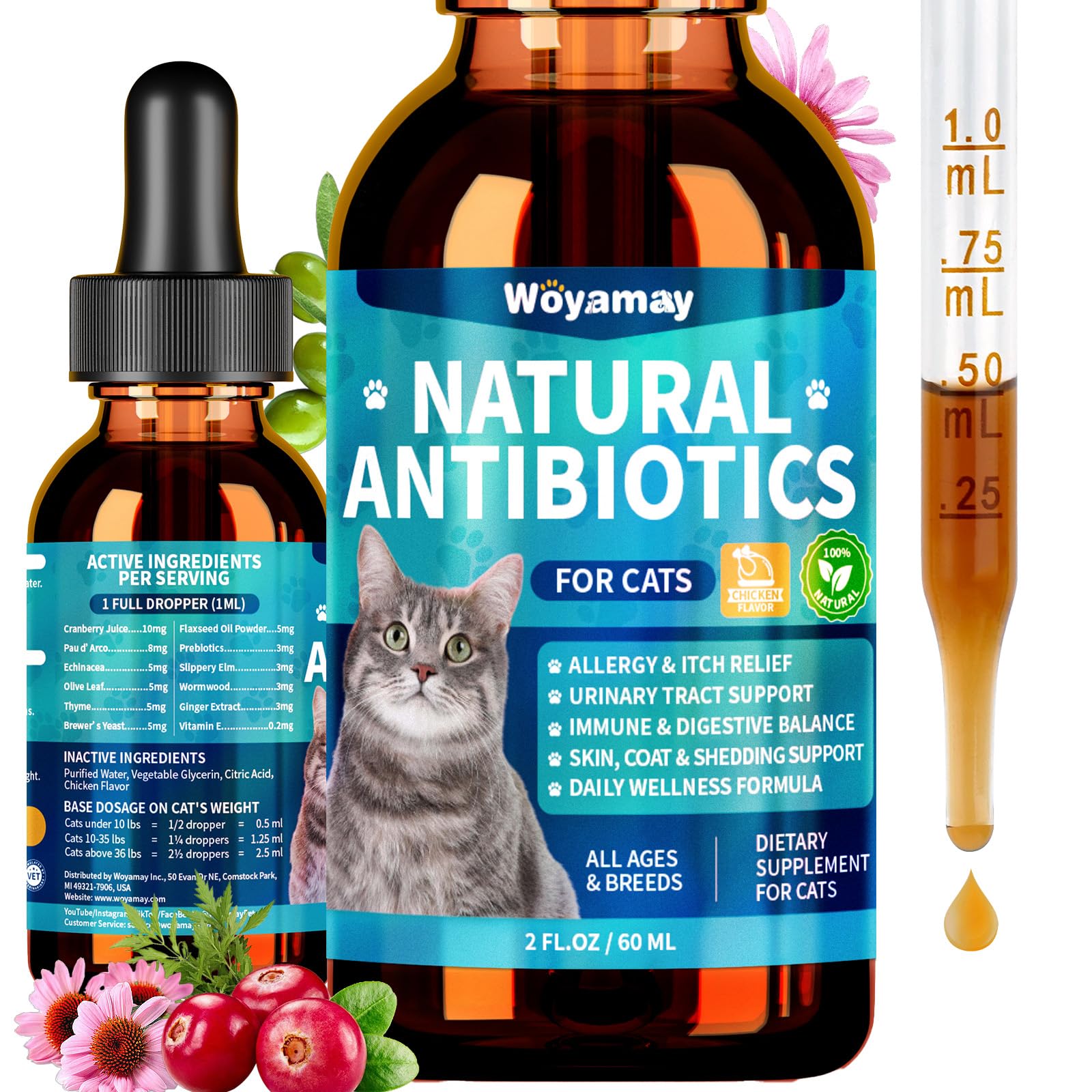Woyamay antibiotics for cats bottle shows natural blend for allergy relief and digestion support