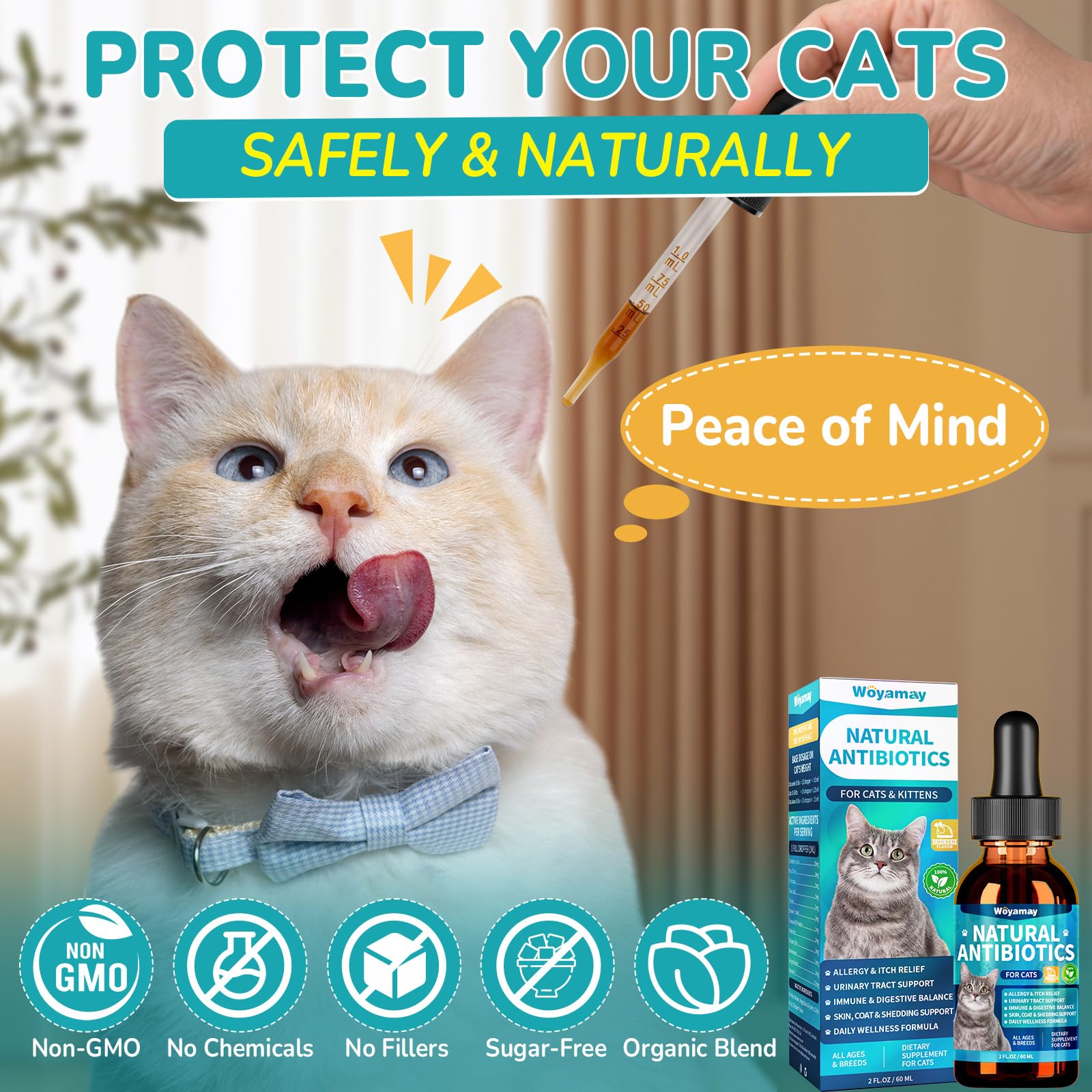 Woyamay antibiotics for cats 2 oz bottle supports daily wellness and coat vitality
