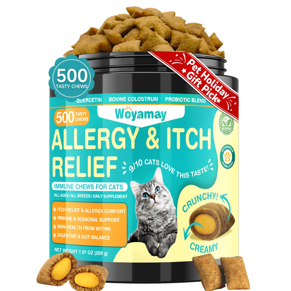 Woyamay Cat Allergy Relief bottle front showing chicken-flavored chews for itch relief.