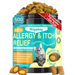 Woyamay Cat Allergy Relief bottle front showing chicken-flavored chews for itch relief.