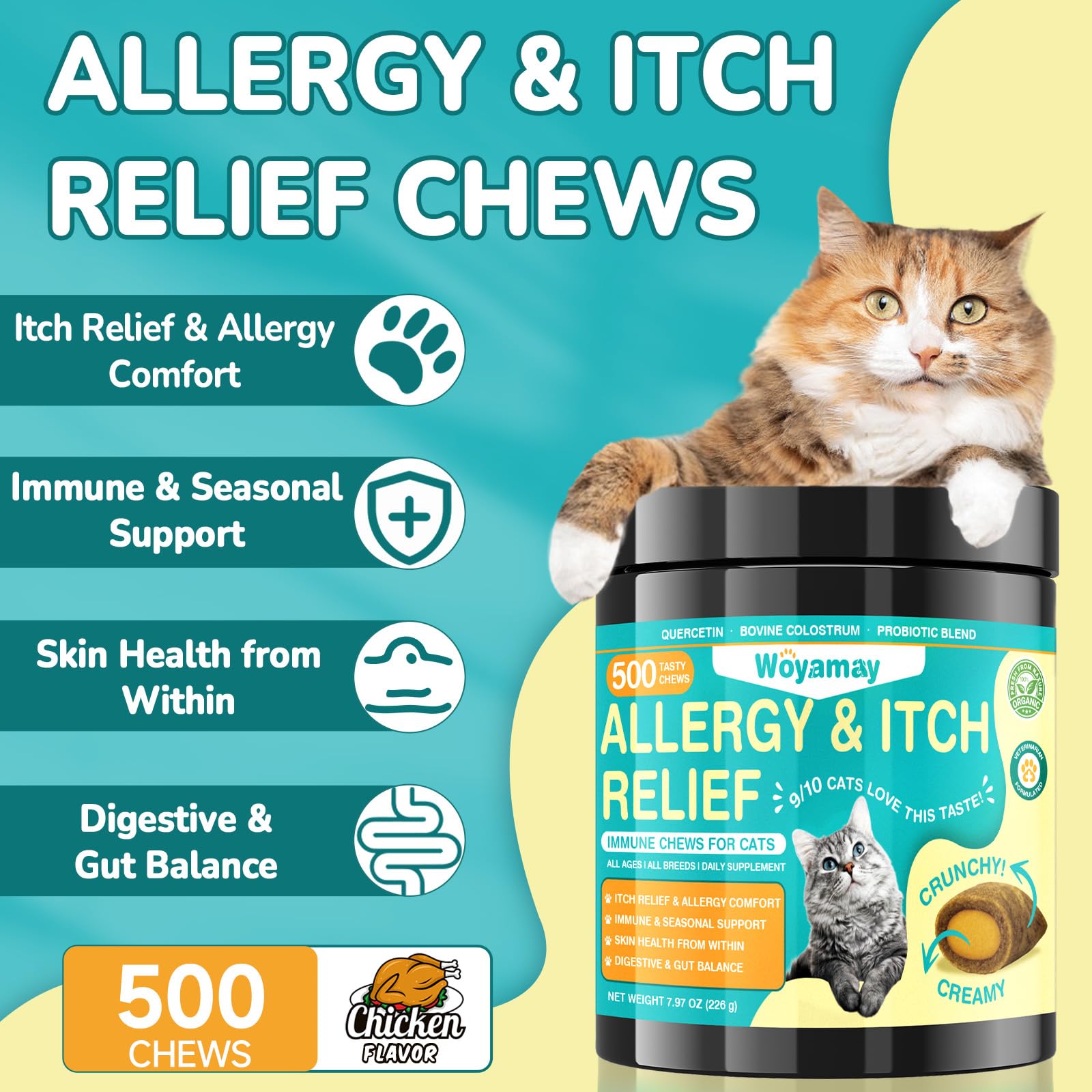 Woyamay Cat Allergy Relief bottle side view with 500-count supply for ongoing comfort.