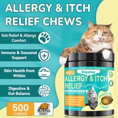 Woyamay Cat Allergy Relief bottle side view with 500-count supply for ongoing comfort.