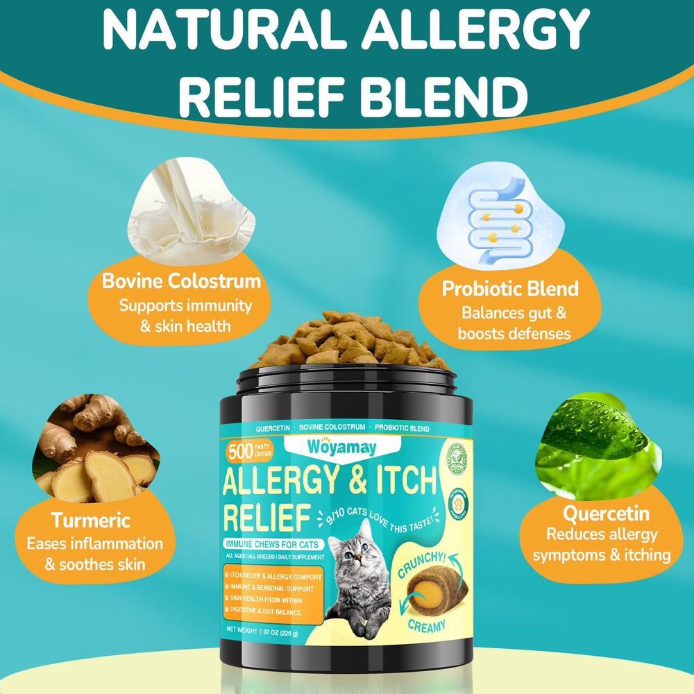 Woyamay Cat Allergy Relief chews texture closeup emphasizes dual crunchy and creamy design.