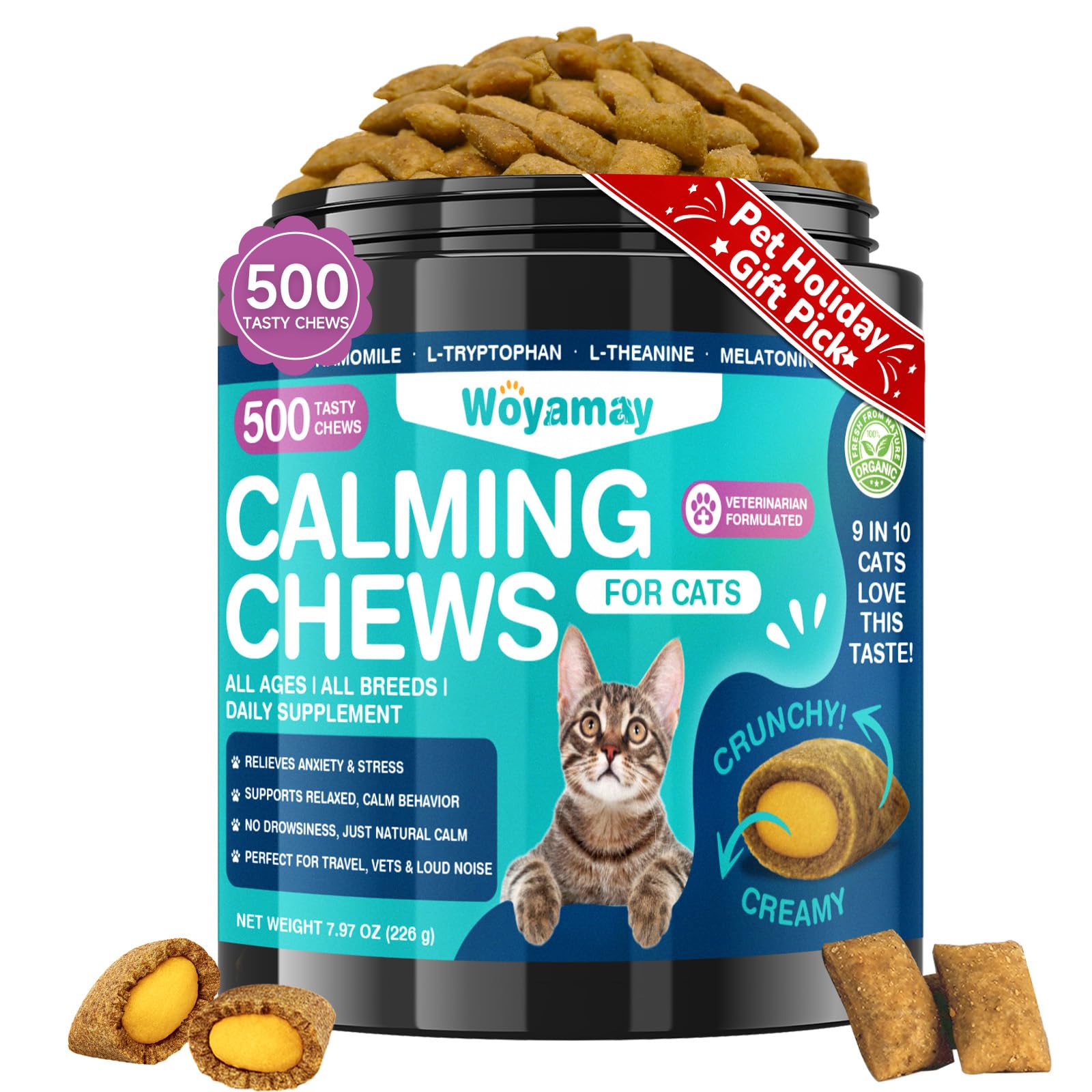 Woyamay cat calming treats bottle front shows 500-count supply for steady calm moments.