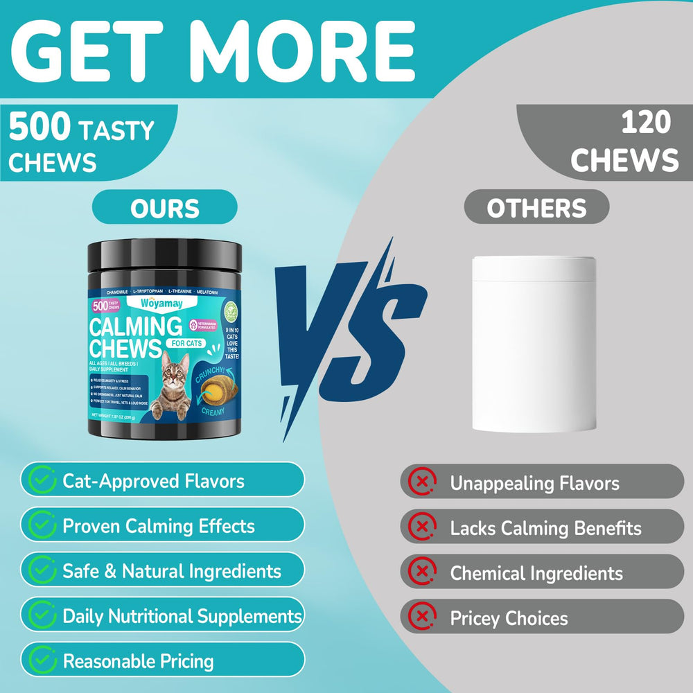 Woyamay cat calming treats cat-relaxed-happy scene shows calmer mood after dosing.