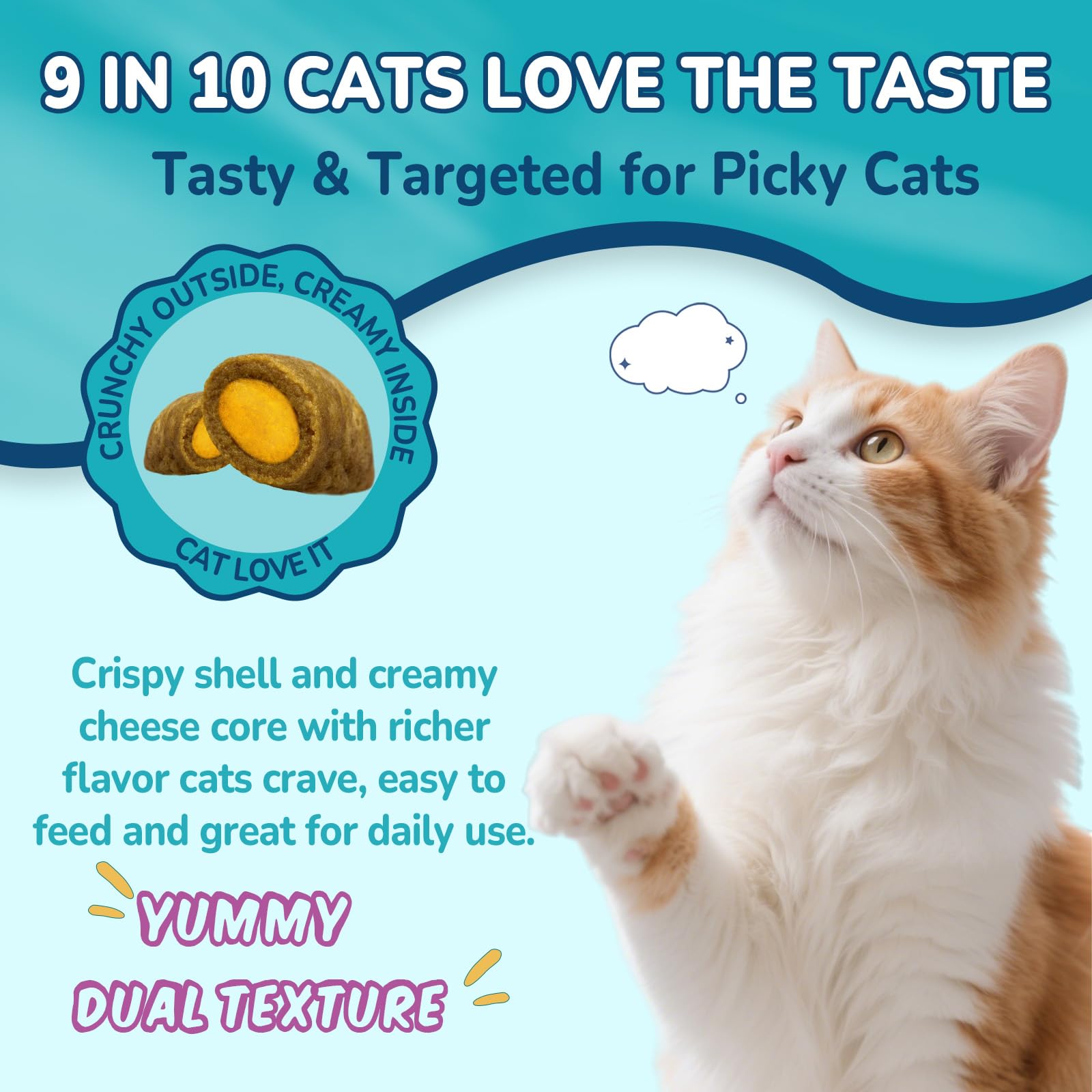 Woyamay cat calming treats chew closeup cheese-core features dual texture and flavor.