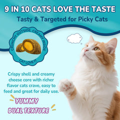 Woyamay cat calming treats chew closeup cheese-core features dual texture and flavor.