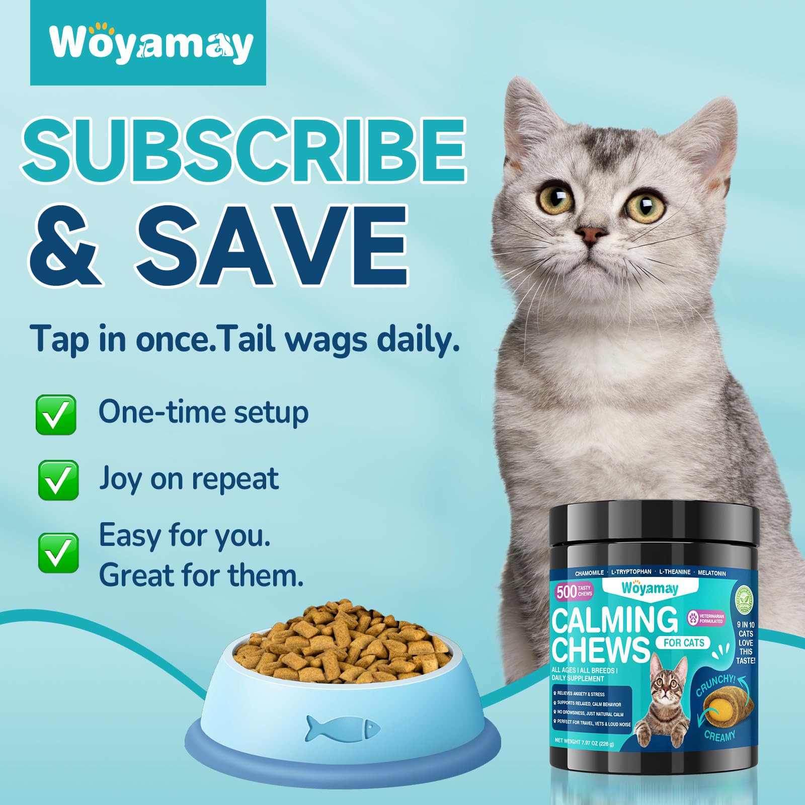 Woyamay cat calming treats in-action-dosing captures easy-to-administer daily routine.