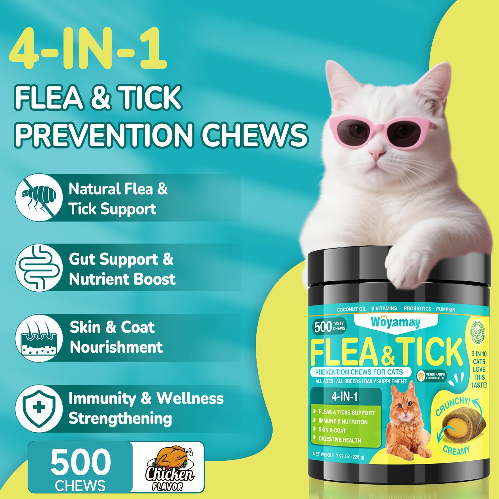 Woyamay cat flea chews chicken flavor showing tasty daily protection.