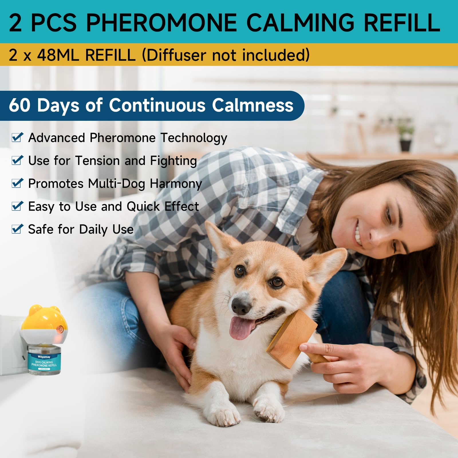 Woyamay refills 2x48ml in-use bottles enabling quick, safe dog anxiety relief.