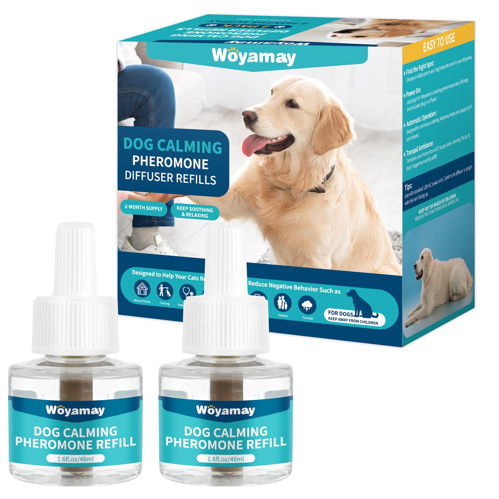Woyamay dog calming diffuser refills pack-shot with two 48ml bottles for long-lasting calm.