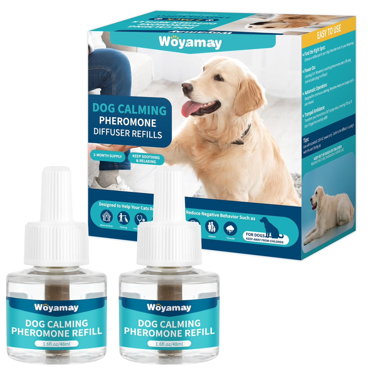 Woyamay dog calming diffuser refills pack-shot with two 48ml bottles for long-lasting calm.