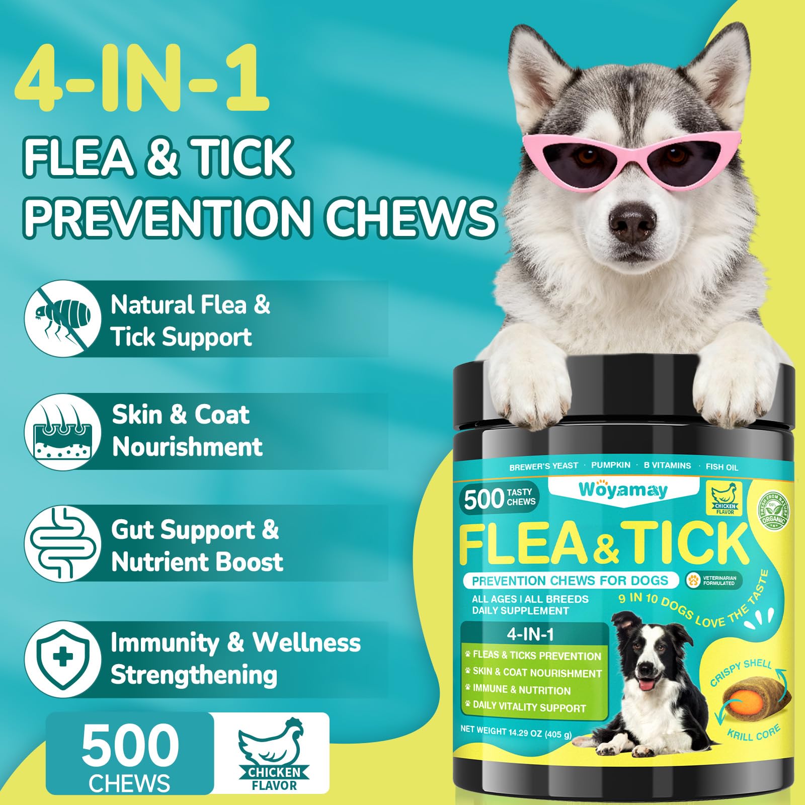 Woyamay dog chews with chicken flavor for palatable daily defense.