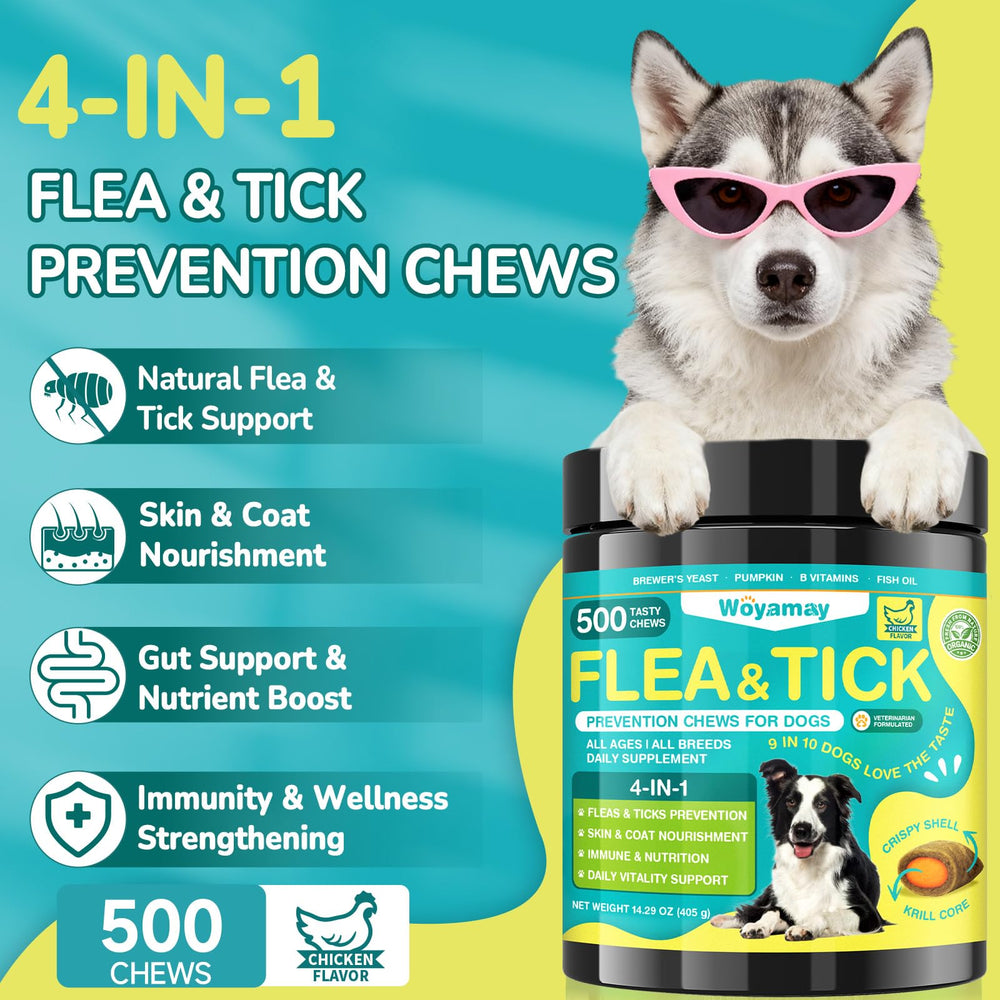 Woyamay dog chews with chicken flavor for palatable daily defense.