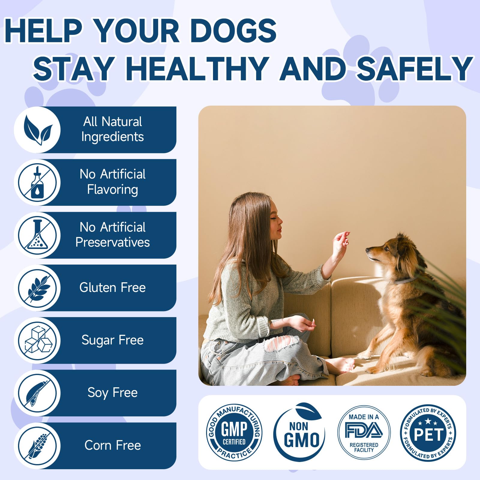 Woyamay dog owner giving chews promoting daily gentle calm.