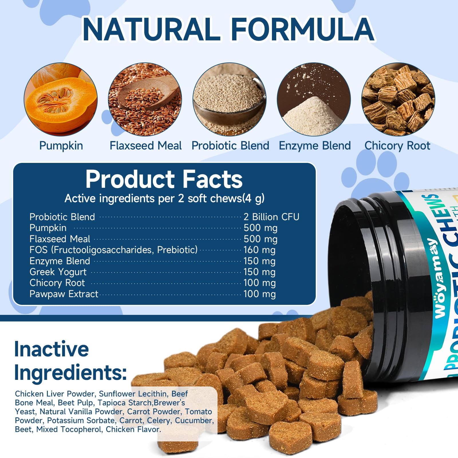 Woyamay Dog Probiotic chews no-mess design supports simple administration for pet parents.