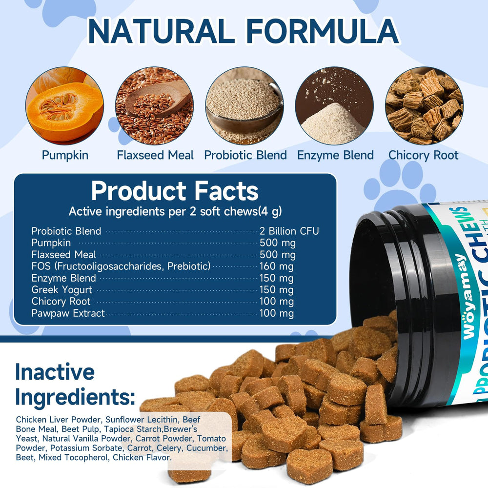 Woyamay Dog Probiotic chews no-mess design supports simple administration for pet parents.