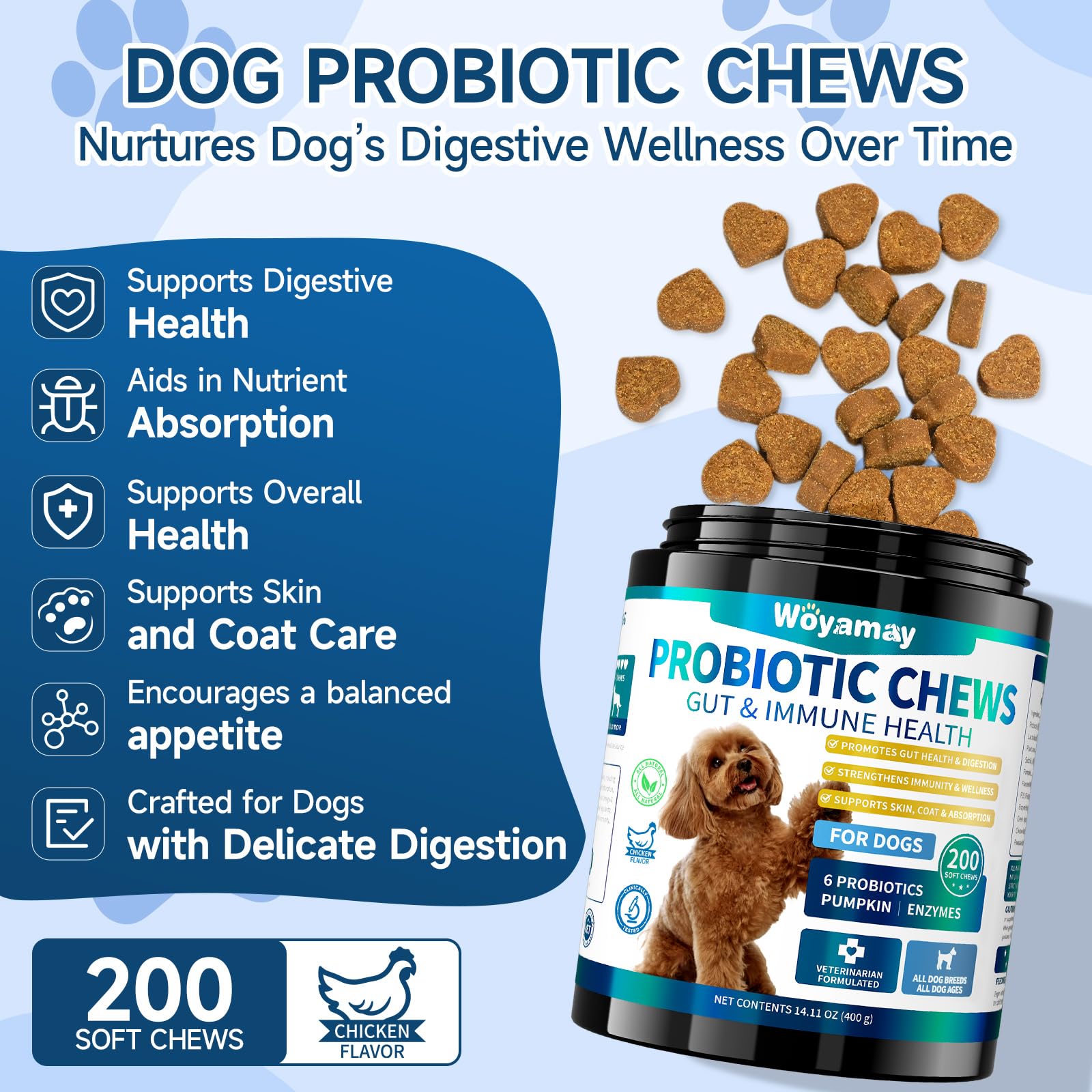 Woyamay Dog Probiotic chews treat close-up indicating a tasty gut health option.