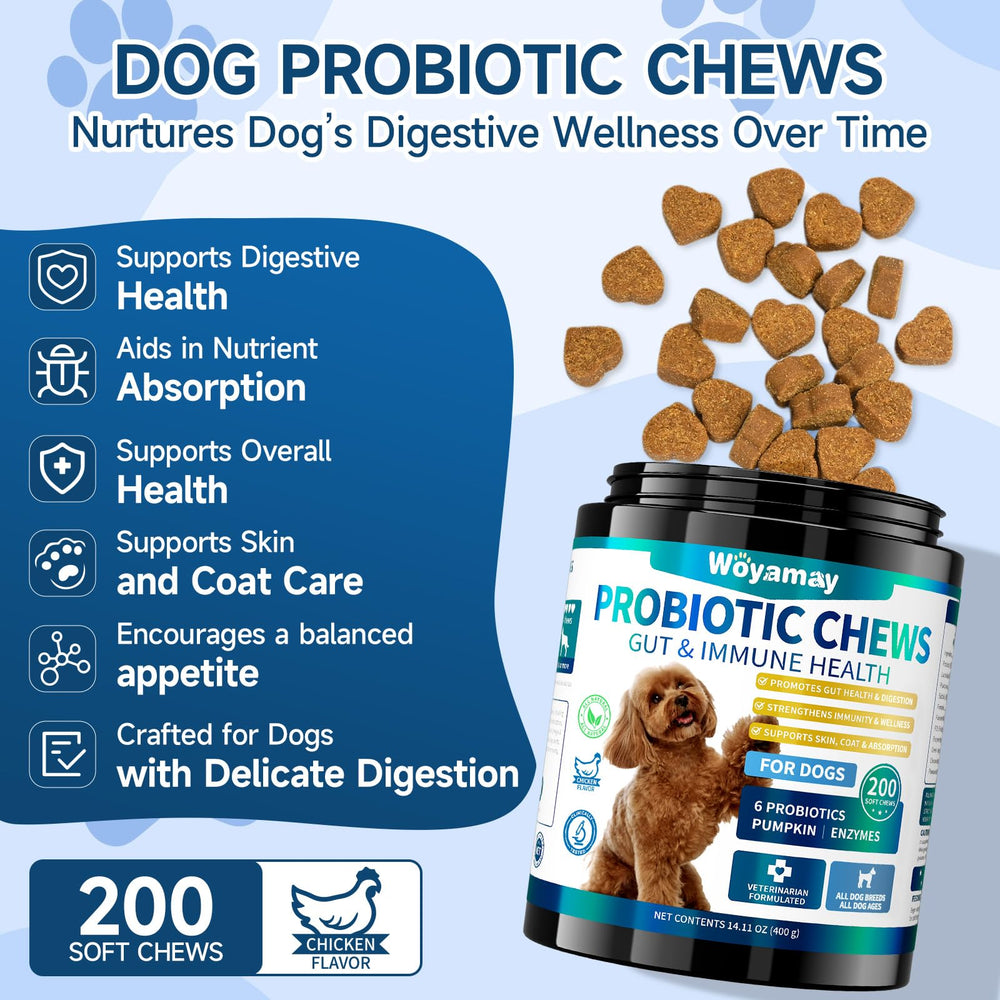 Woyamay Dog Probiotic chews treat close-up indicating a tasty gut health option.