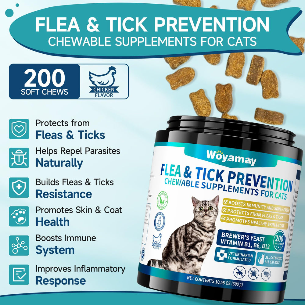 Woyamay flea-tick chews bottle and cats demonstrates convenient daily prevention.