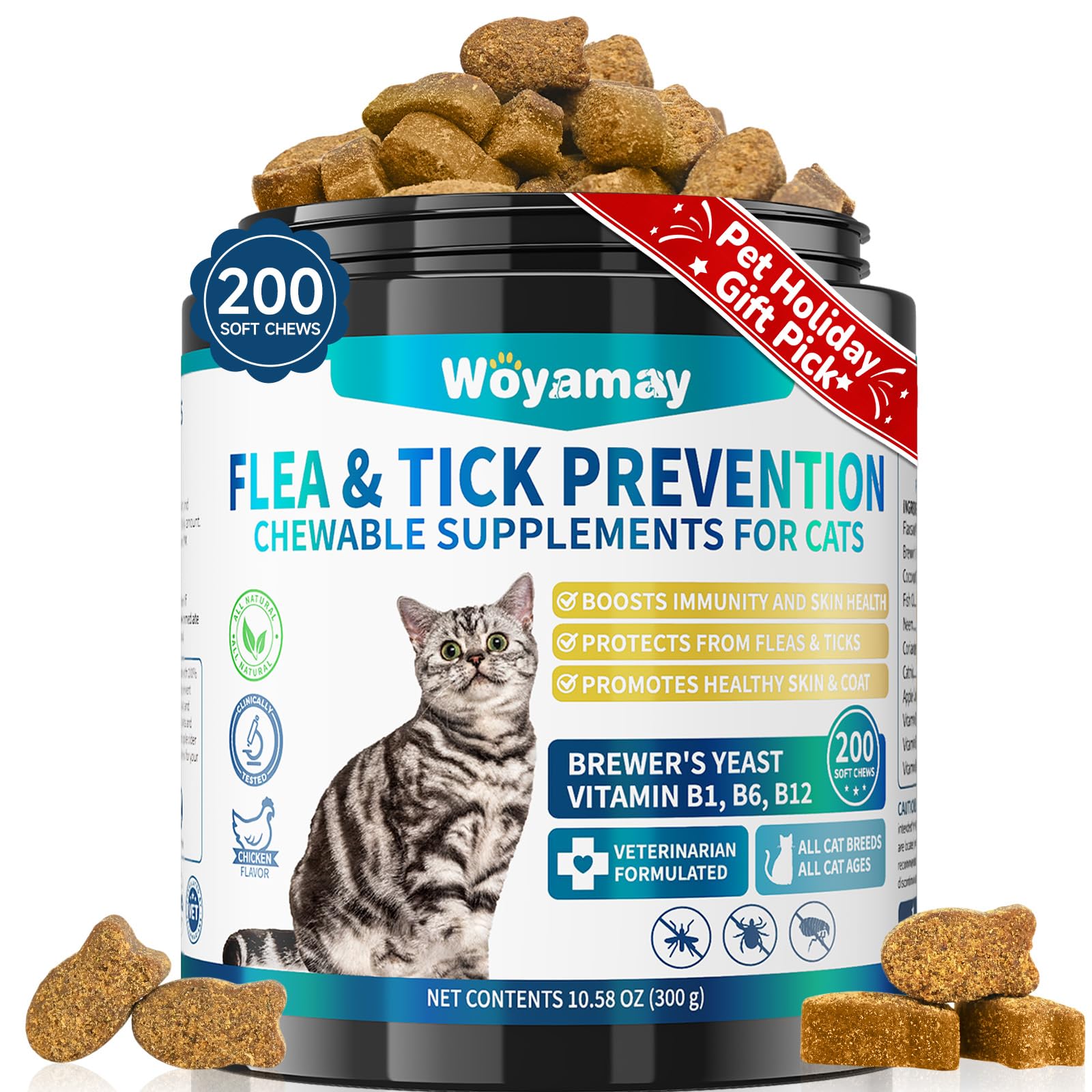 Woyamay flea-tick chews packaging front helps busy owners plan daily protection.