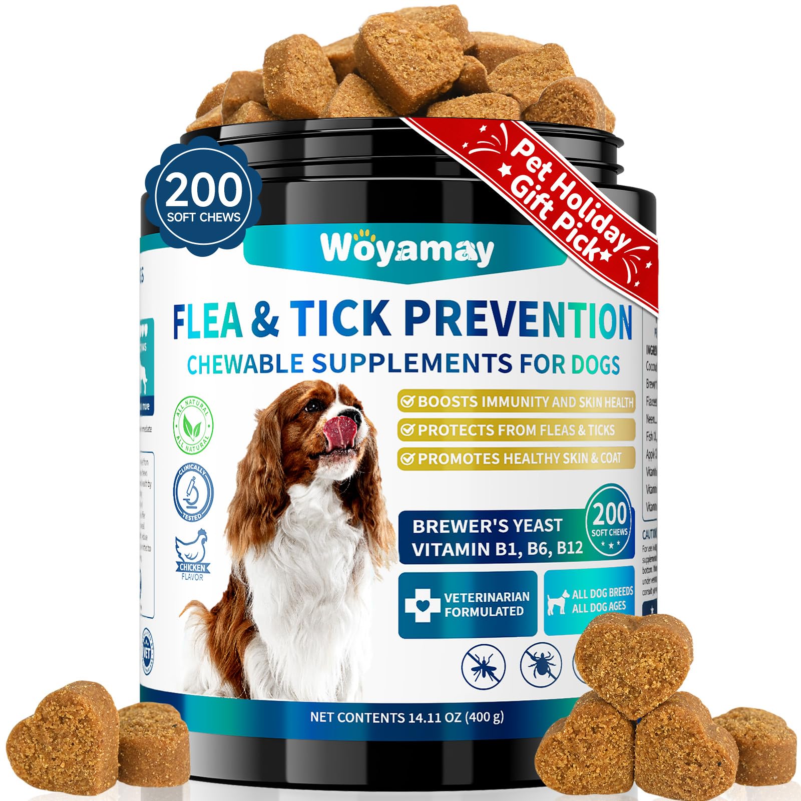 Woyamay flea and tick prevention dog chews bottle shows natural formula for pest defense