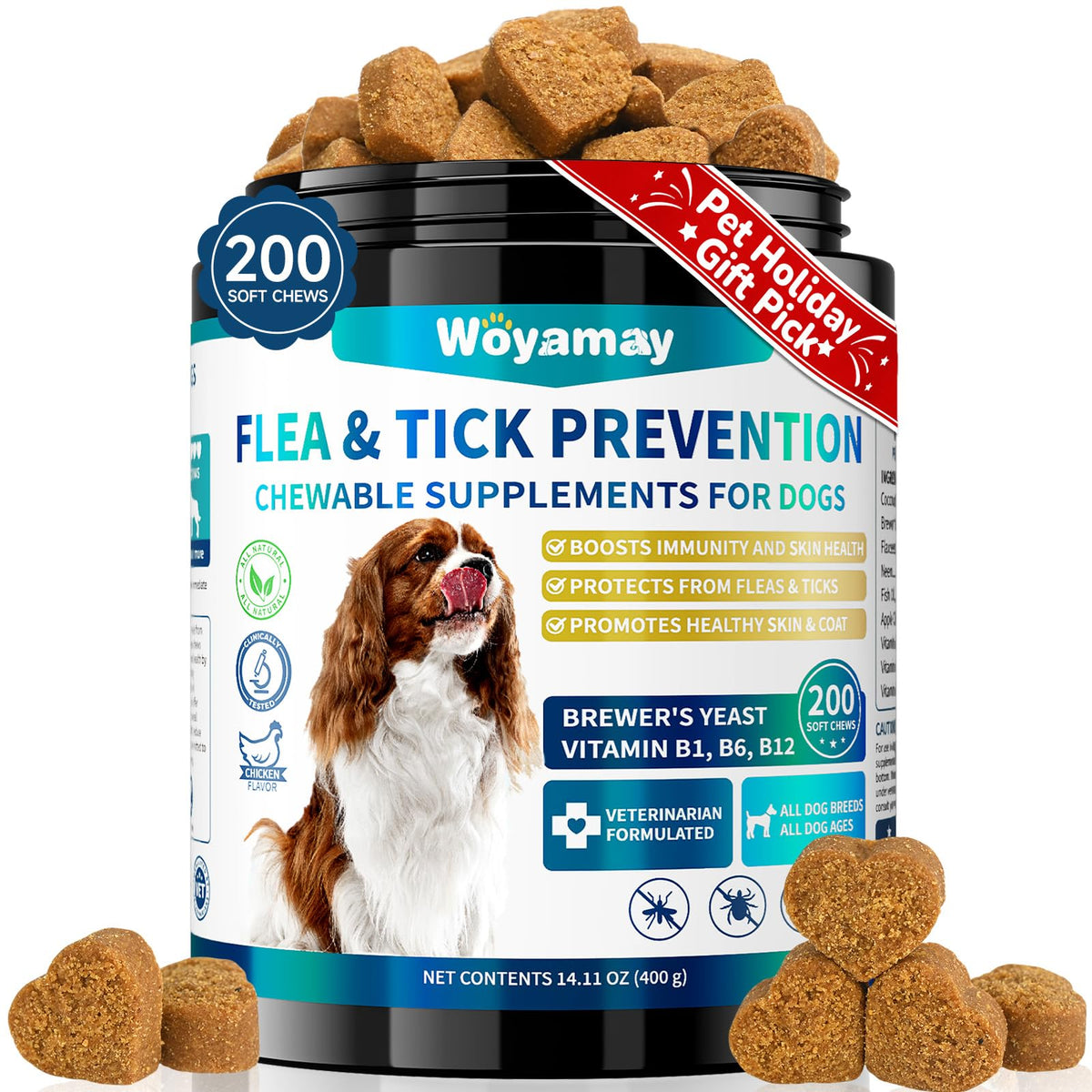 Woyamay flea and tick prevention dog chews bottle shows natural formula for pest defense