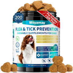 Woyamay flea and tick prevention dog chews bottle shows natural formula for pest defense