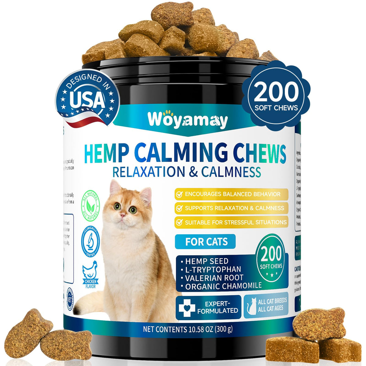 Woyamay hemp cat calming treats on tub label showing natural calming support