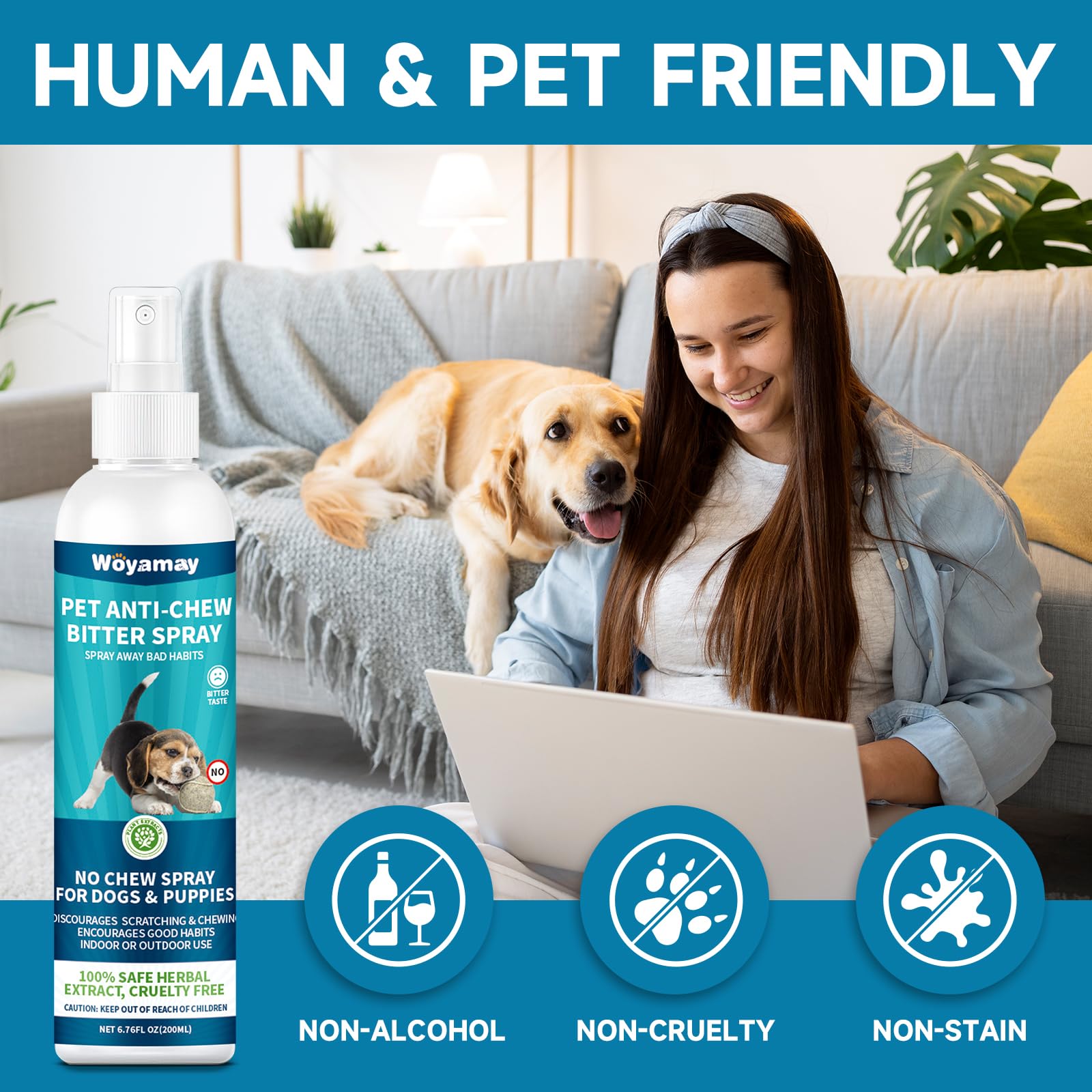 Woyamay No Chew Spray suitable for indoor and outdoor use with herbal formula.