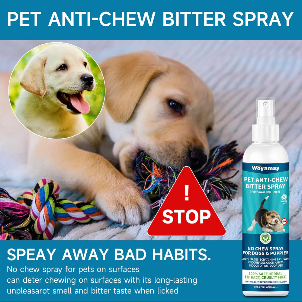 Woyamay No Chew Spray mist application demonstrates quick scent-friendly deterrent for chewing.