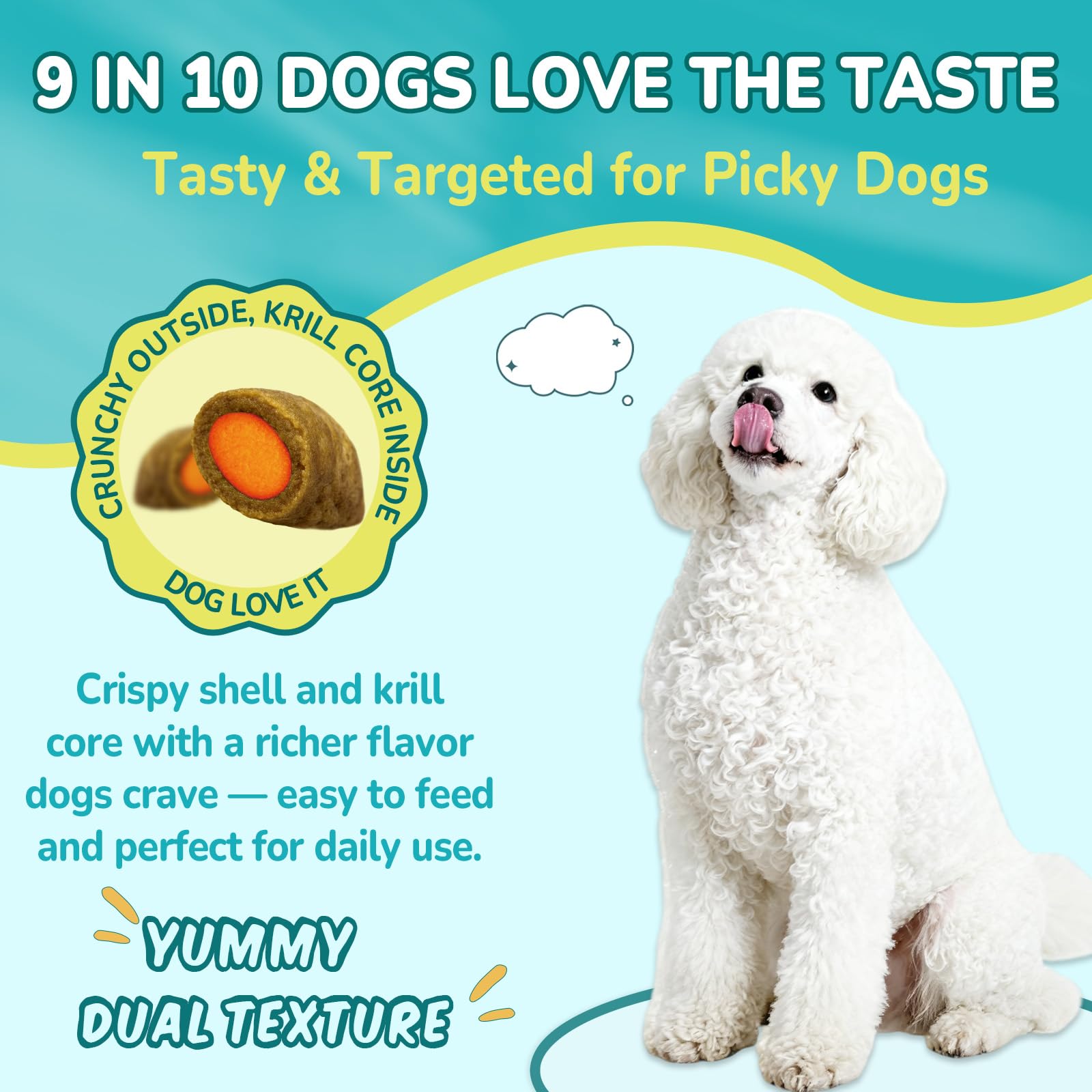 Woyamay skin-coat-gut-immune chews supporting coat and digestion.