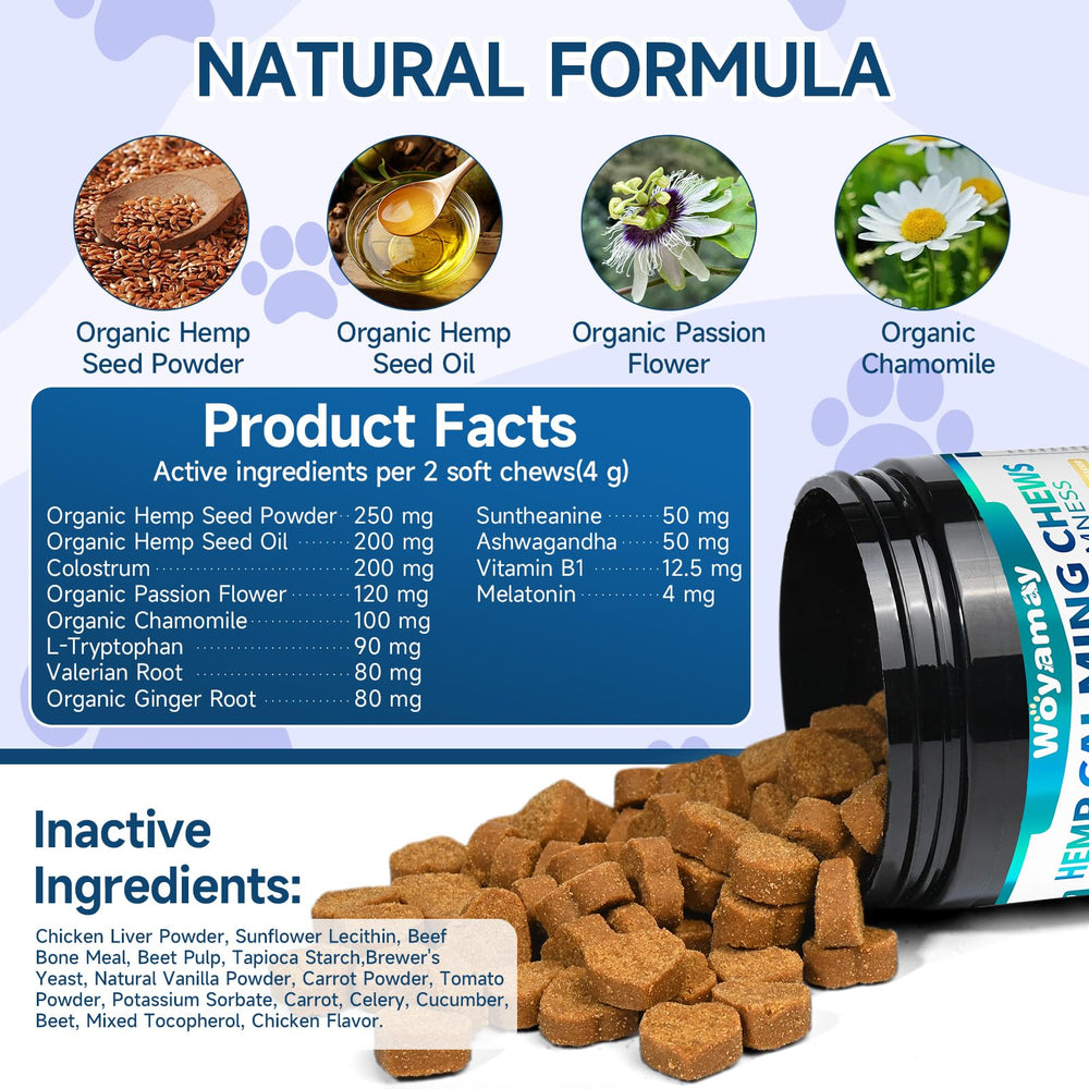 Woyamay travel-stress dog image conveys easier trips with calming treats.