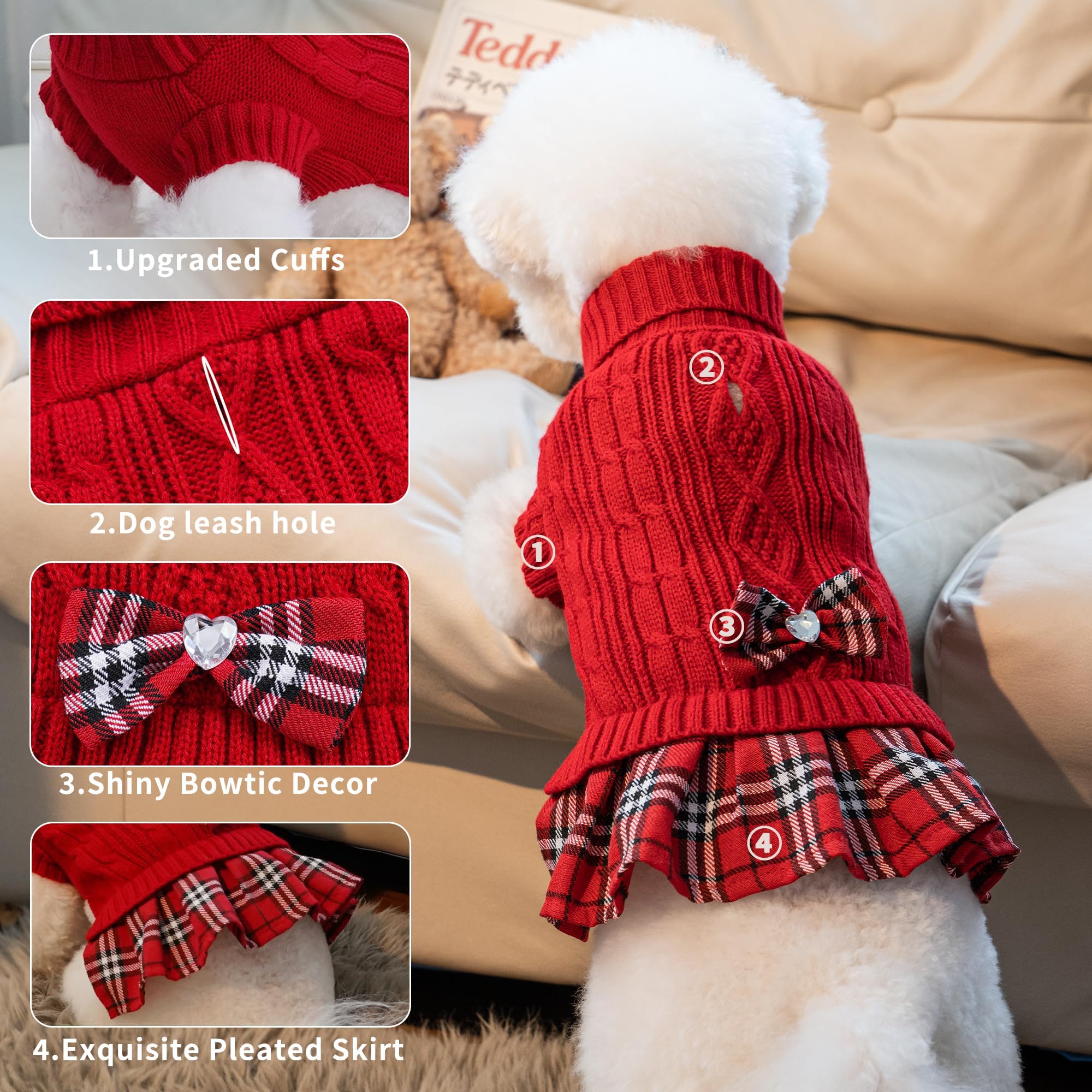 WOYYHO dog sweater dress with bowtie and turtleneck, closeup of soft knit.